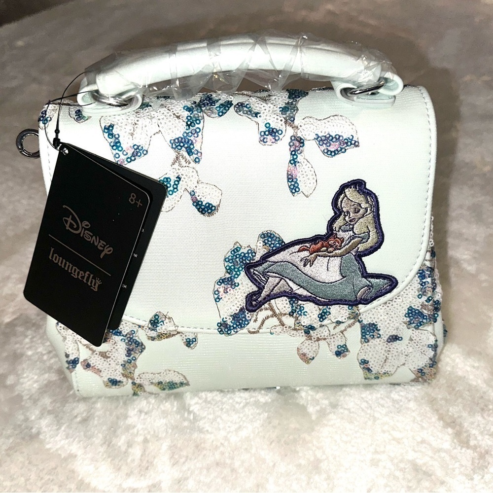 Loungefly Disney Alice in Wonderland Alice & Dinah Floral Sequin Handbag New